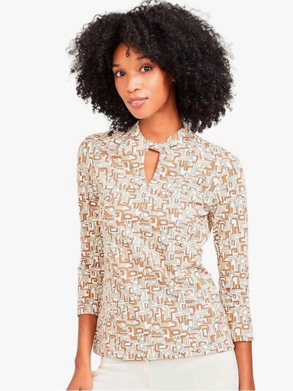 J. McLaughlin Maybelle Twist Neck Catalina Cloth Top Beige Mini Geo Print XL